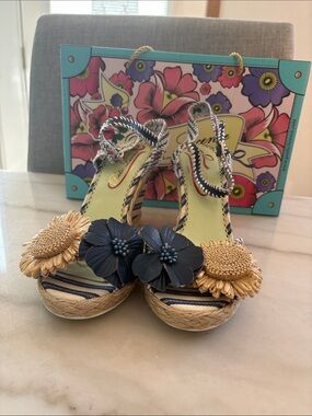 Poetic License Navy & Natural Floral Espadrille Wedge Sandals